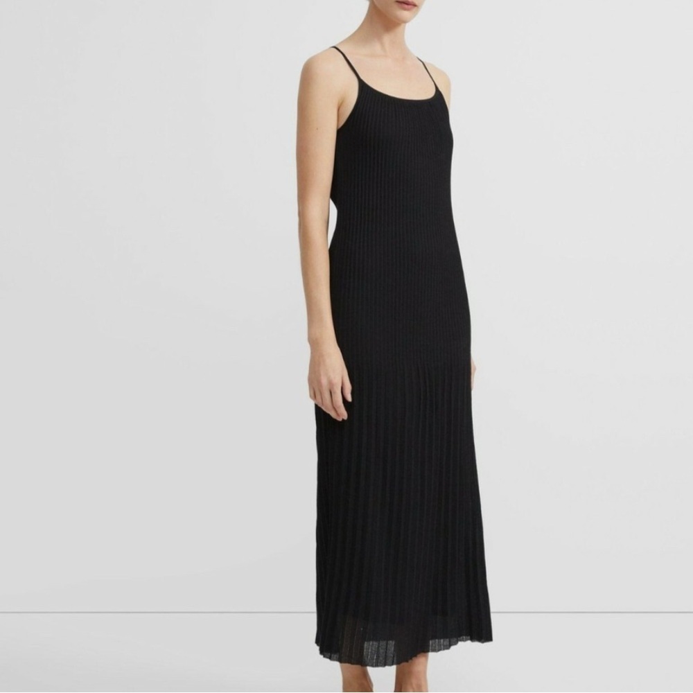 Theory Black Pleated Ribbed Maxi Slip Dress - Small